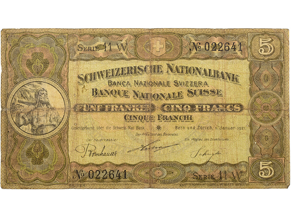 5 Franken, 1921, Wilhelm Tell, stark gebraucht - > 25%