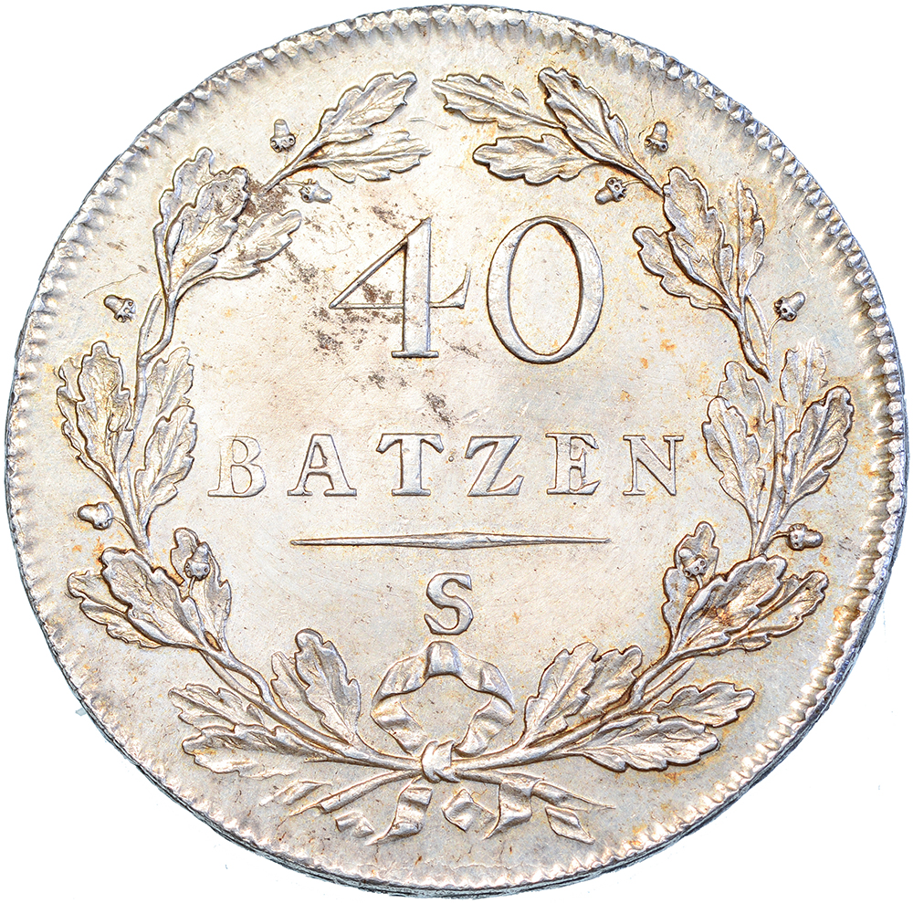 Helv. Republik, 40 Batzen, 1798, unz, Ende Fahnenstange bei "L"