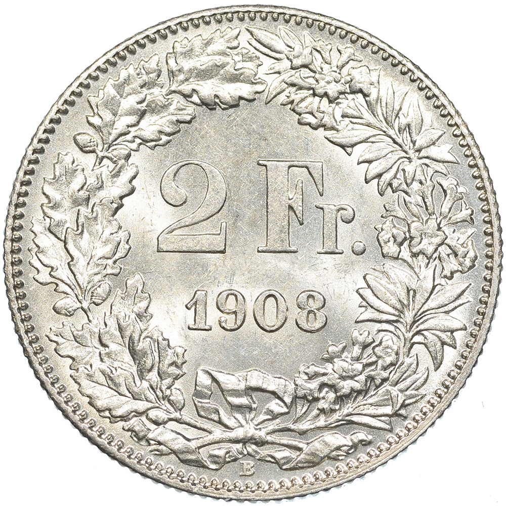 2 Franken, 1908, unzirkuliert