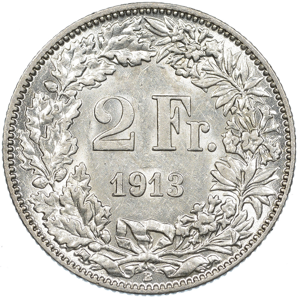 2 Franken, 1913, fast unzirkuliert
