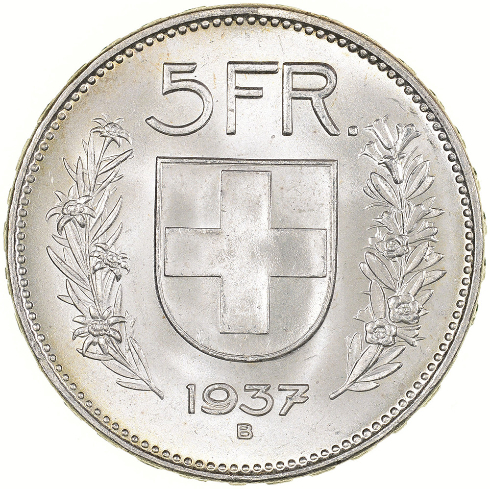5 Franken, 1937, unz/stgl