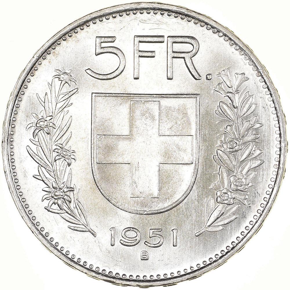 5 Franken, 1951, unz/stgl