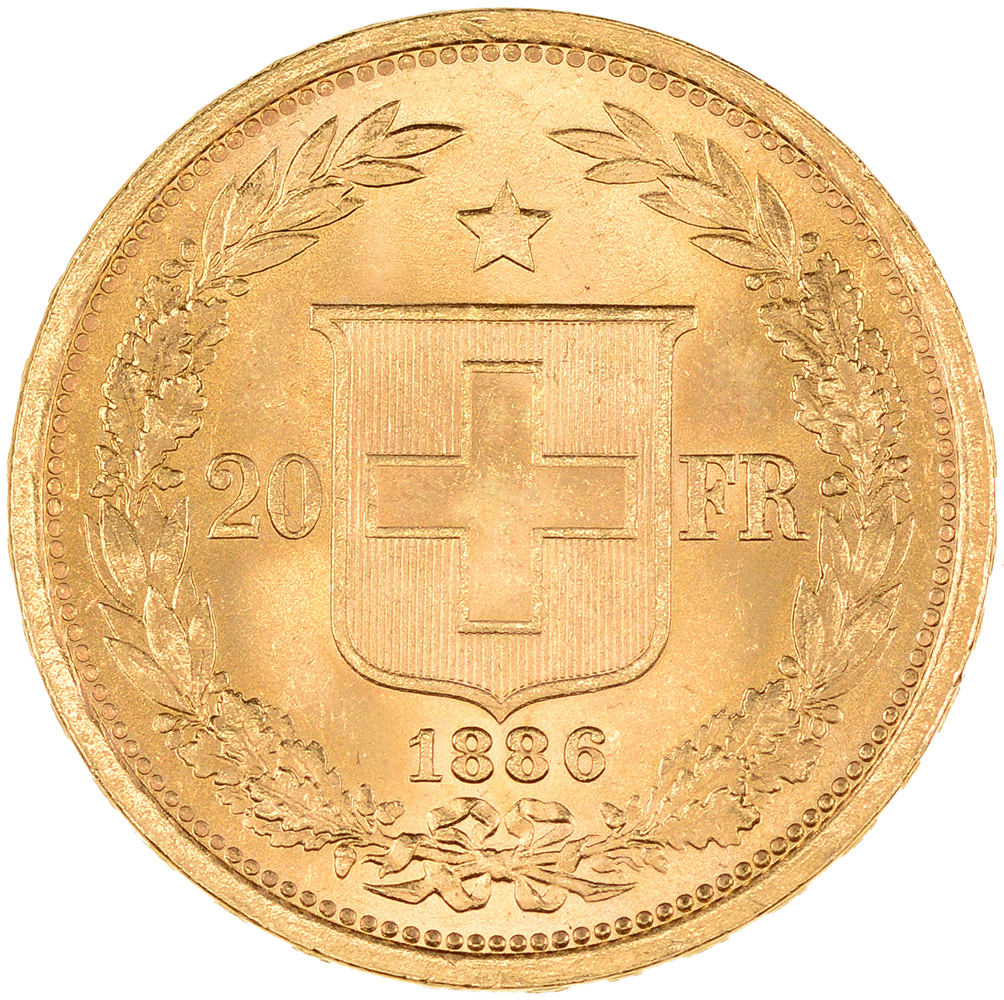 20 Franken, 1886, unz/stgl, Helvetia