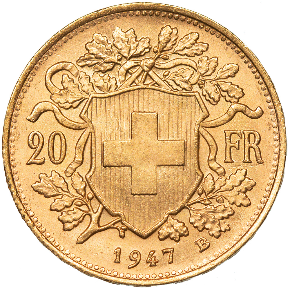 20 Franken, 1947, unz/stgl, Vreneli