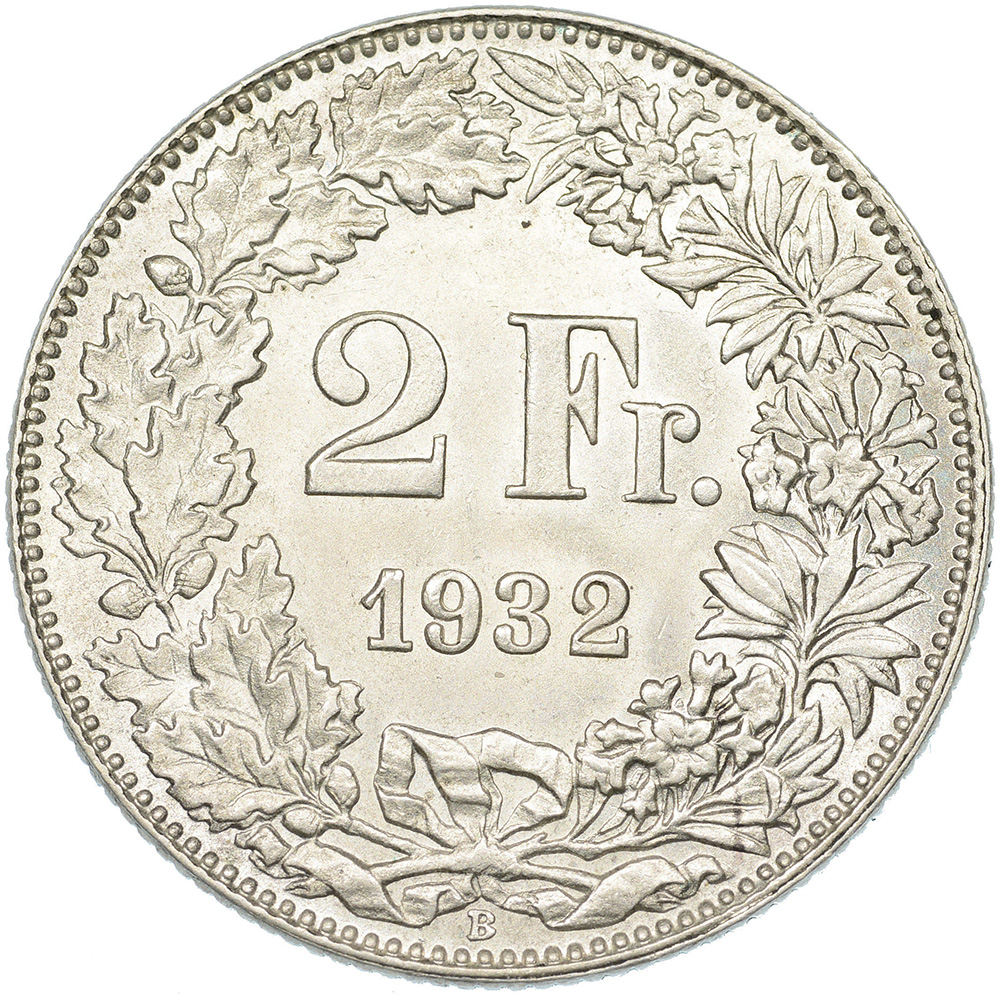 2 Franken, 1932, fast unzirkuliert