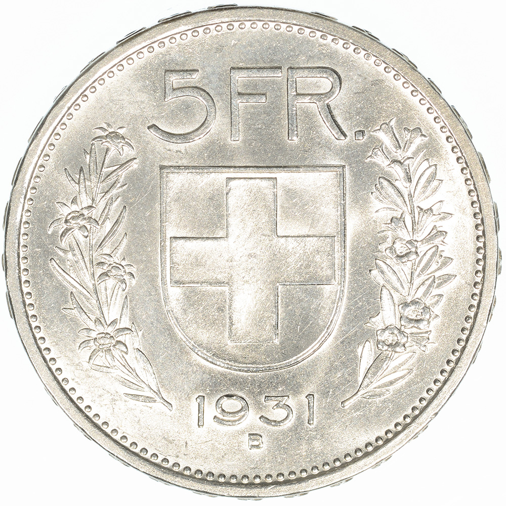 5 Franken, 1931, fast unzirkuliert, 13* über Kopf