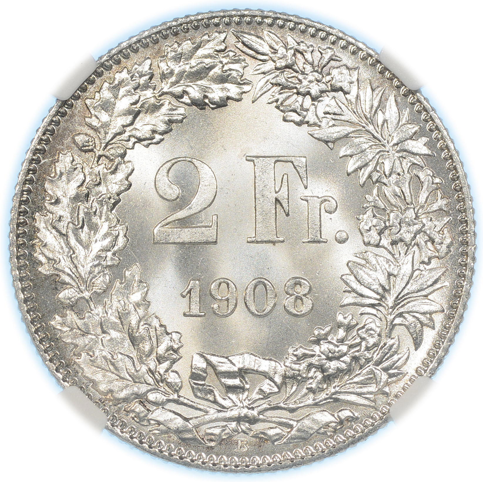 2 Franken, 1908, MS 65, Stempelglanz
