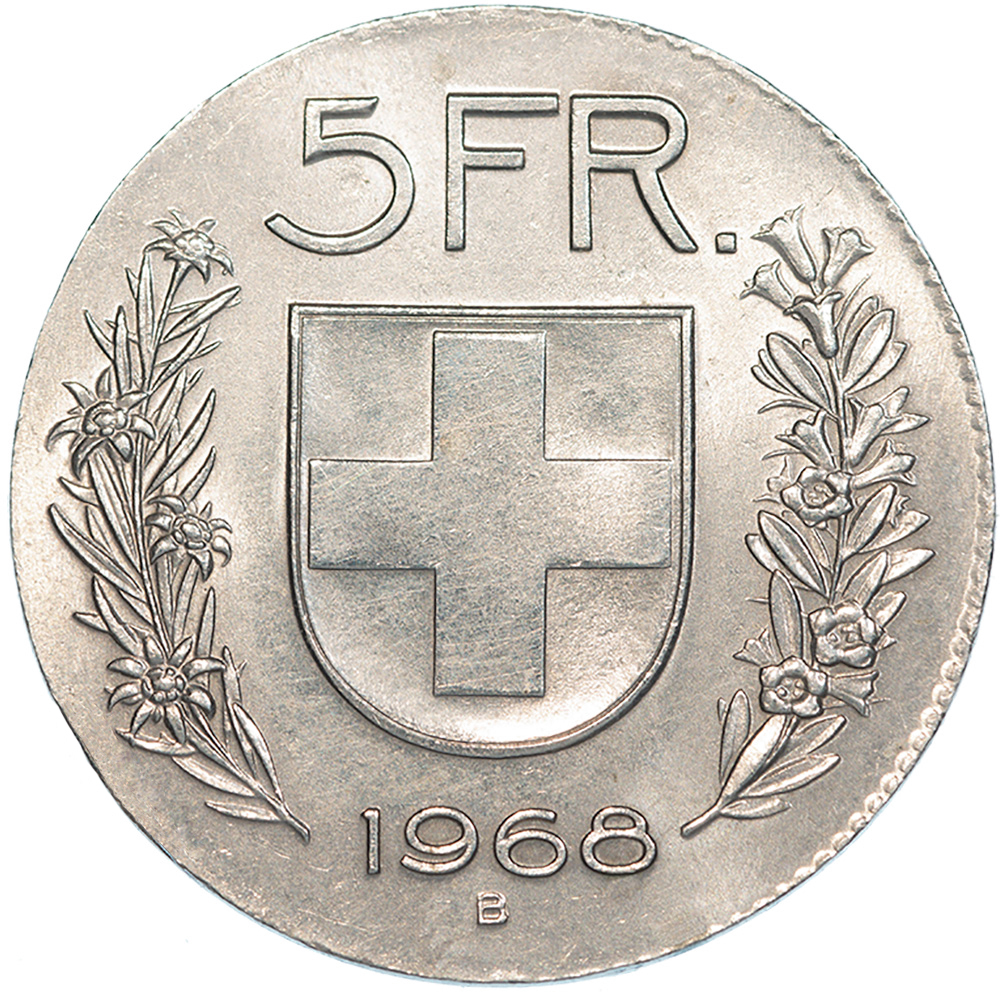 5 Franken, 1968, unz/stgl, auf 2-Frankenrondelle geprägt