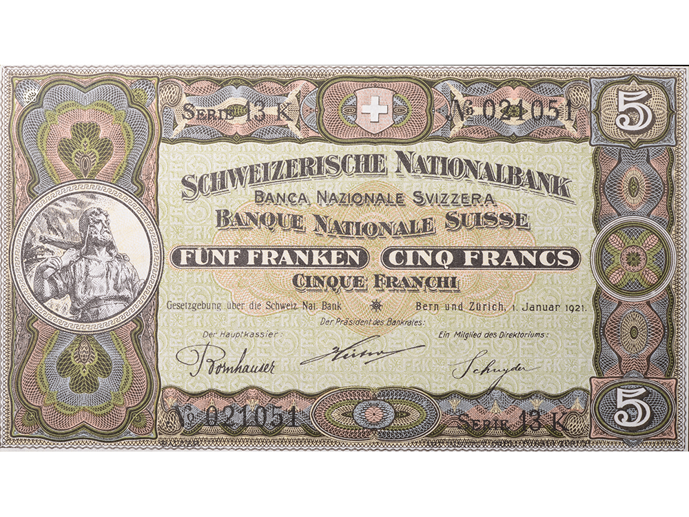 5 Franken, 1921, Wilhelm Tell, ungebraucht, bankfrisch - 100%
