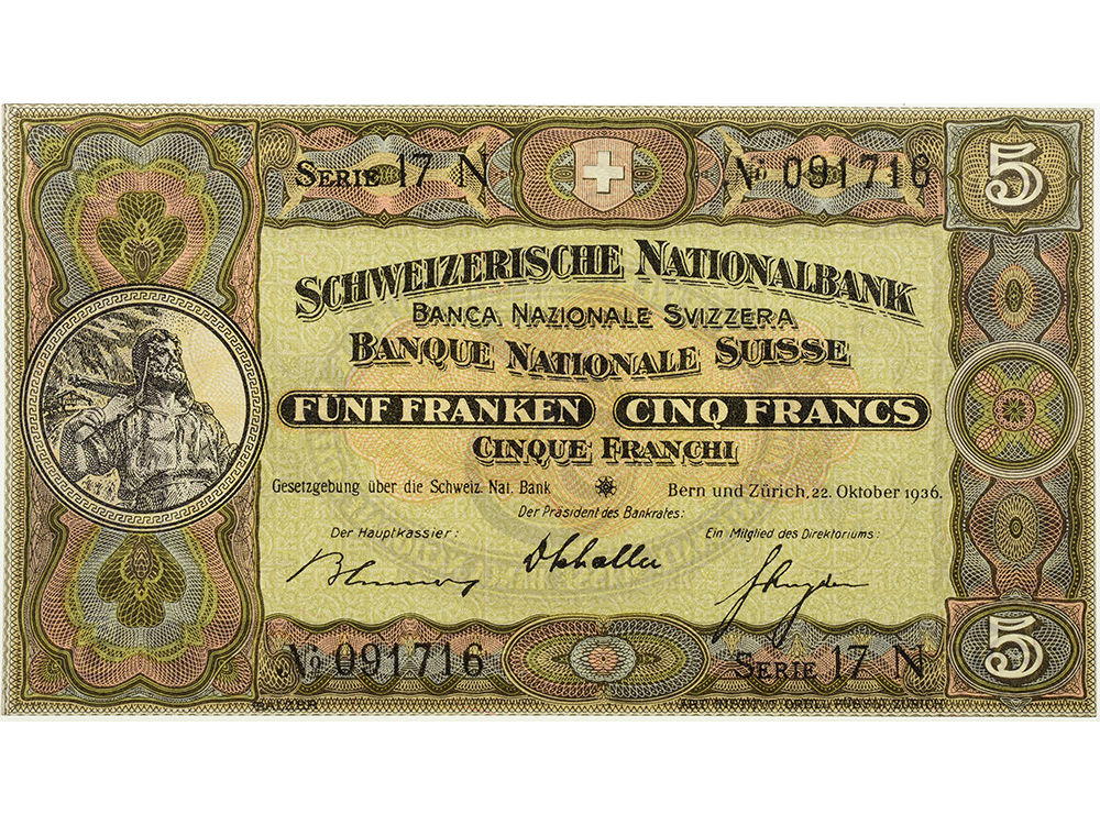 5 Franken, 1936, Wilhelm Tell, wenig gebraucht - > 75%