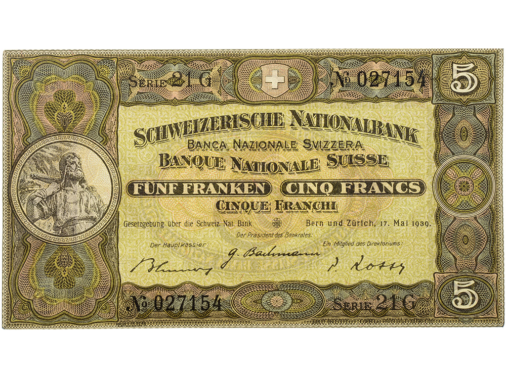5 Franken, 1939, Wilhelm Tell, leichte Gebrauchsspuren - > 90%