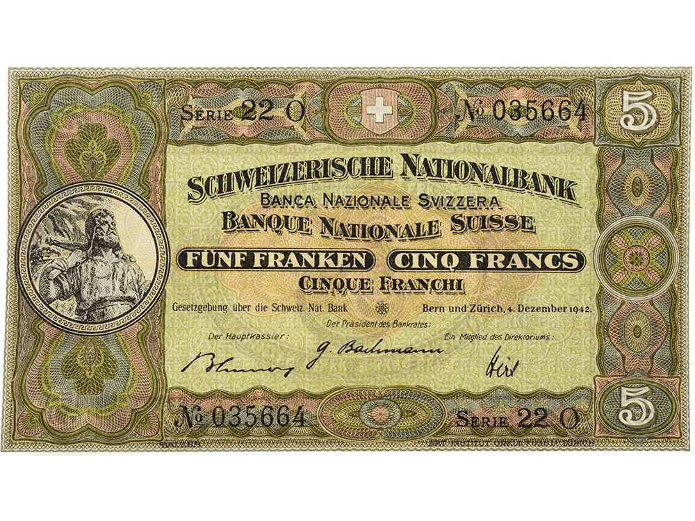 5 Franken, 1942, Wilhelm Tell, leichte Gebrauchsspuren - > 90%