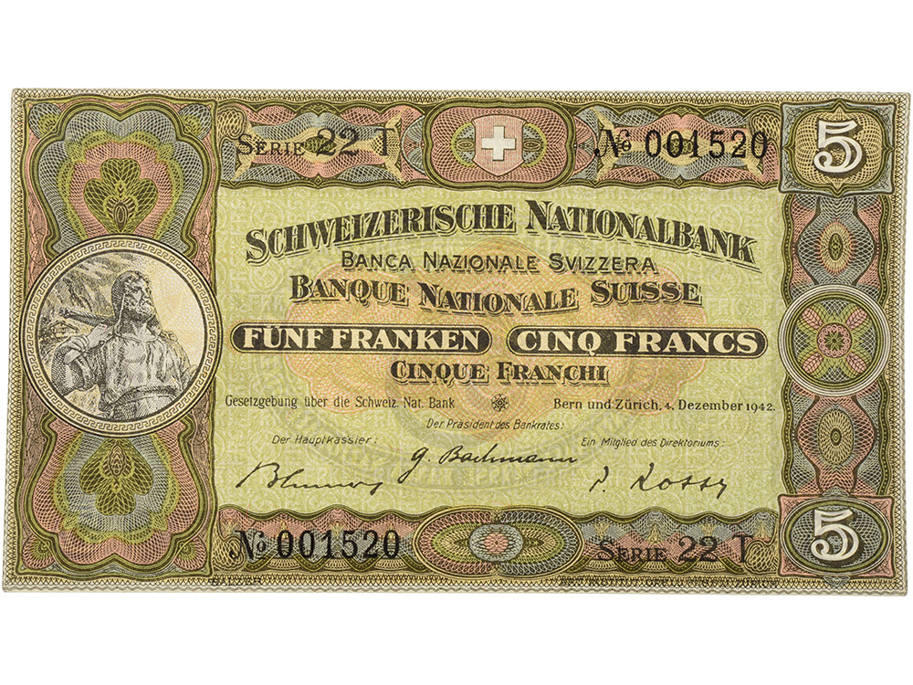 5 Franken, 1942, Wilhelm Tell, ungebraucht, bankfrisch - 100%