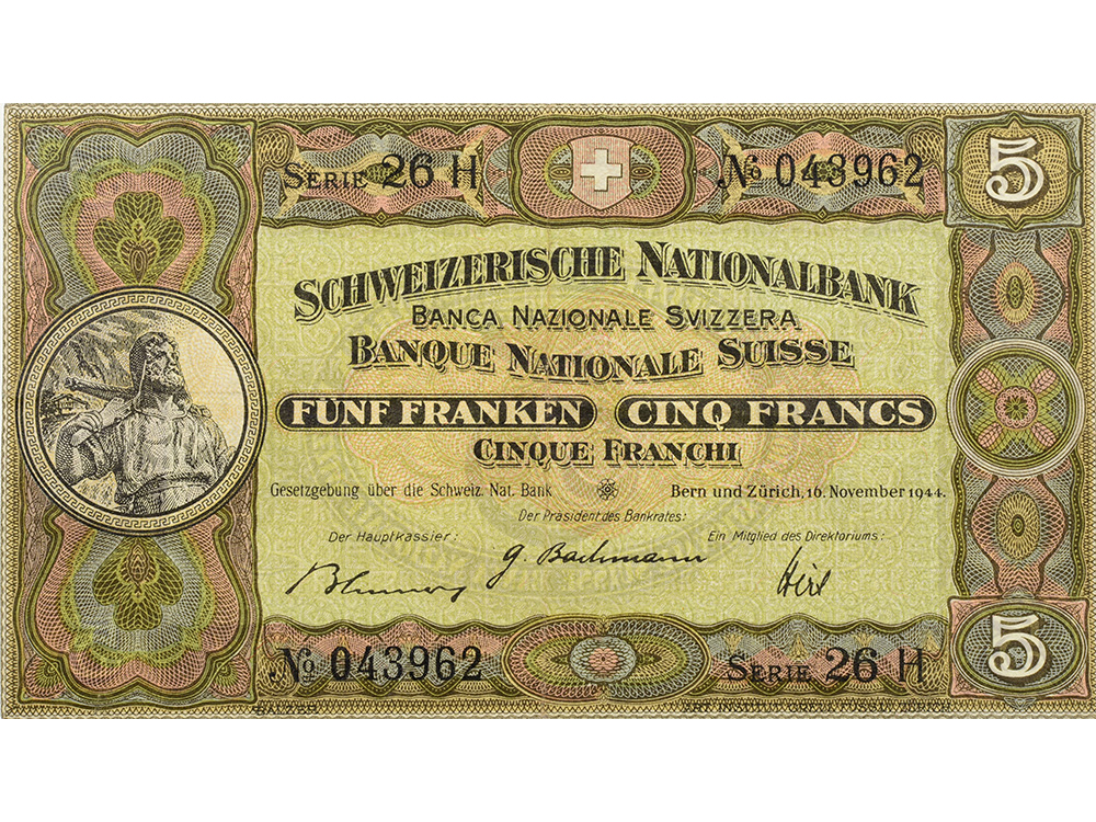 5 Franken, 1944, Wilhelm Tell, wenig gebraucht - > 75%