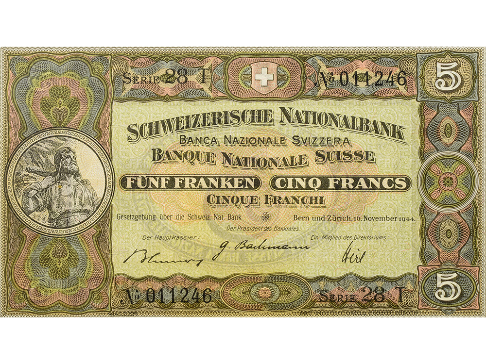 5 Franken, 1944, Wilhelm Tell, leichte Gebrauchsspuren - > 90%