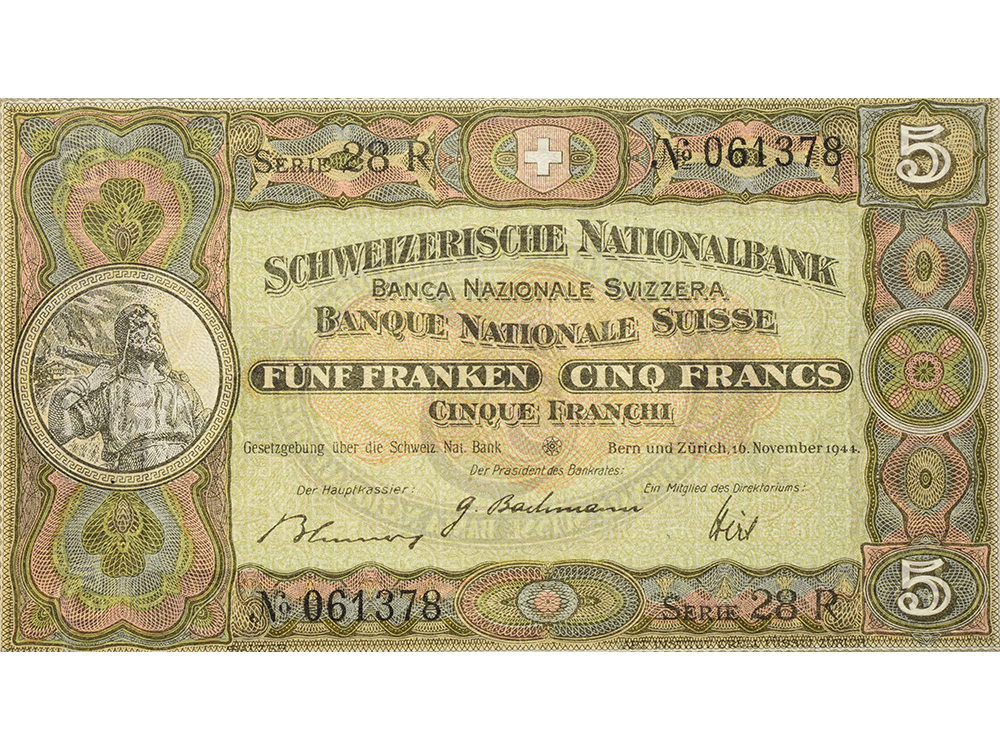 5 Franken, 1944, Wilhelm Tell, ungebraucht, bankfrisch - 100%