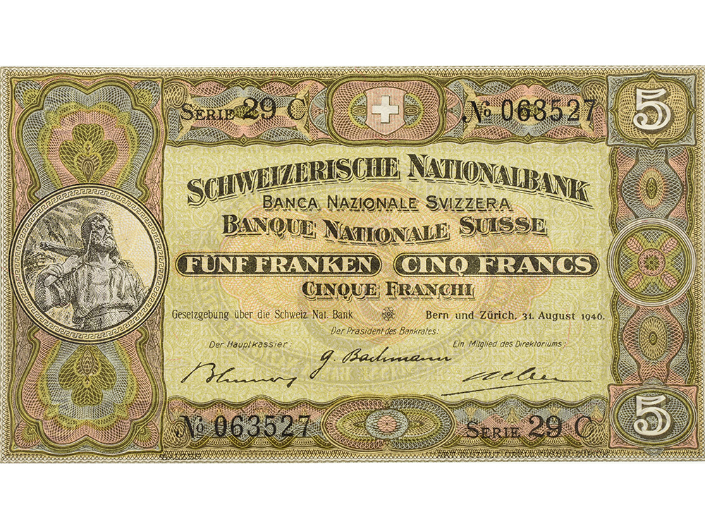 5 Franken, 1946, Wilhelm Tell, ungebraucht, bankfrisch - 100%