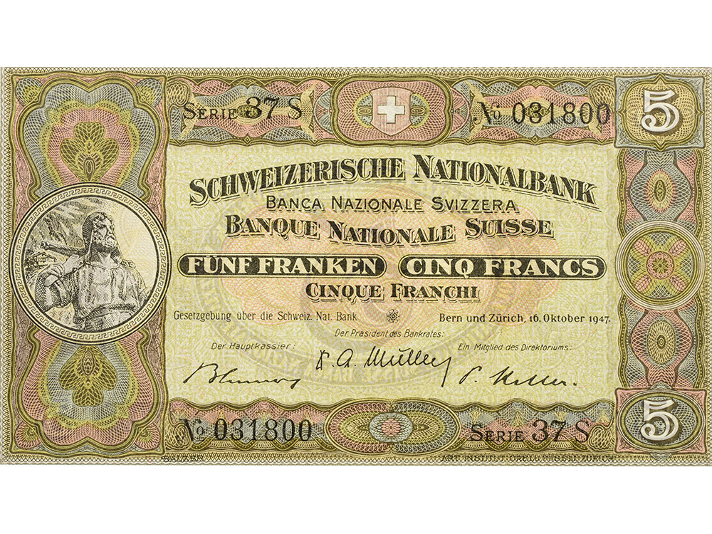 5 Franken, 1947, Wilhelm Tell, ungebraucht, bankfrisch - 100%