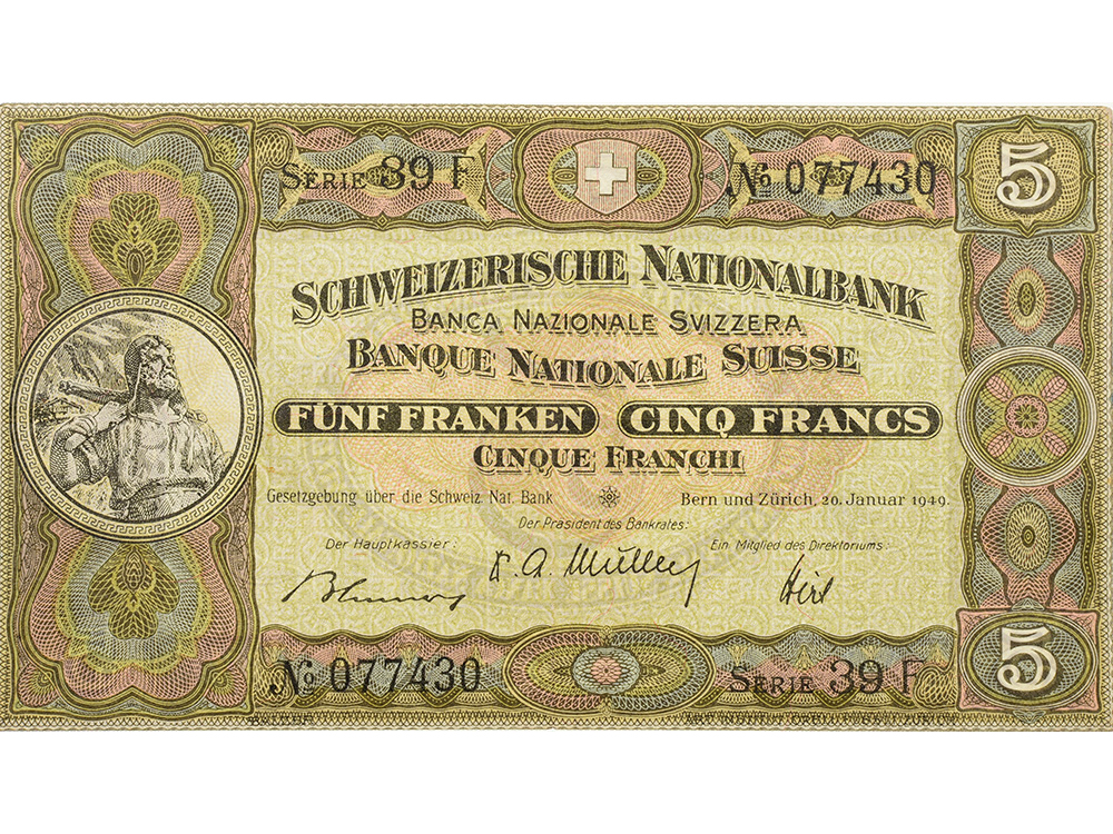 5 Franken, 1949, Wilhelm Tell, leichte Gebrauchsspuren - > 90%