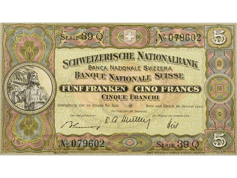 5 Franken, 1949, Wilhelm Tell, ungebraucht, bankfrisch - 100%