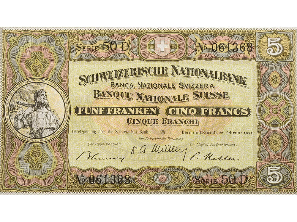 5 Franken, 1951, Wilhelm Tell, leichte Gebrauchsspuren - > 90%