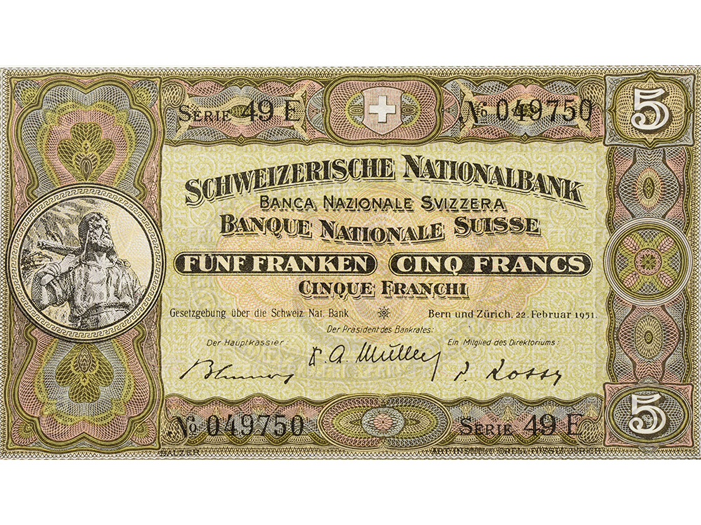 5 Franken, 1951, Wilhelm Tell, ungebraucht, bankfrisch - 100%