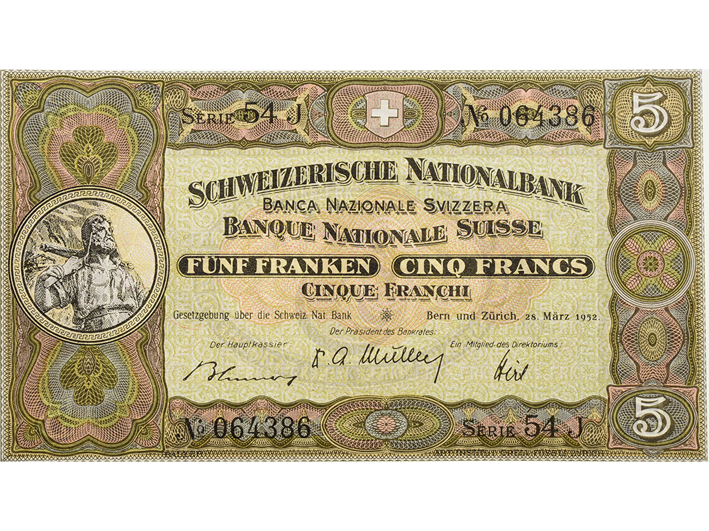 5 Franken, 1952, Wilhelm Tell, ungebraucht, bankfrisch - 100%