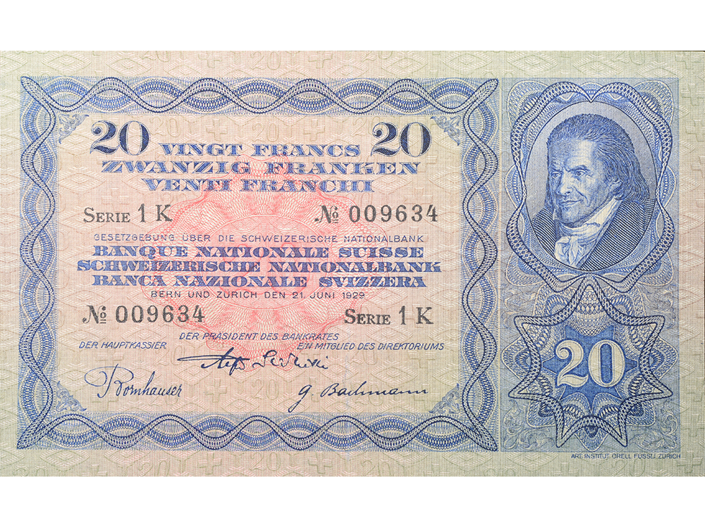 20 Franken, 1929, Heinrich Pestallozzi, leichte Gebrauchsspuren - > 90%