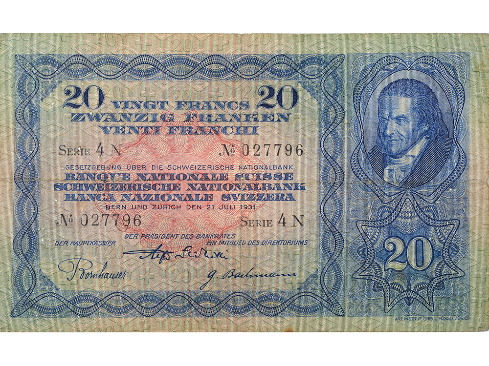 20 Franken, 1931, Heinrich Pestallozzi, gebraucht - > 50%
