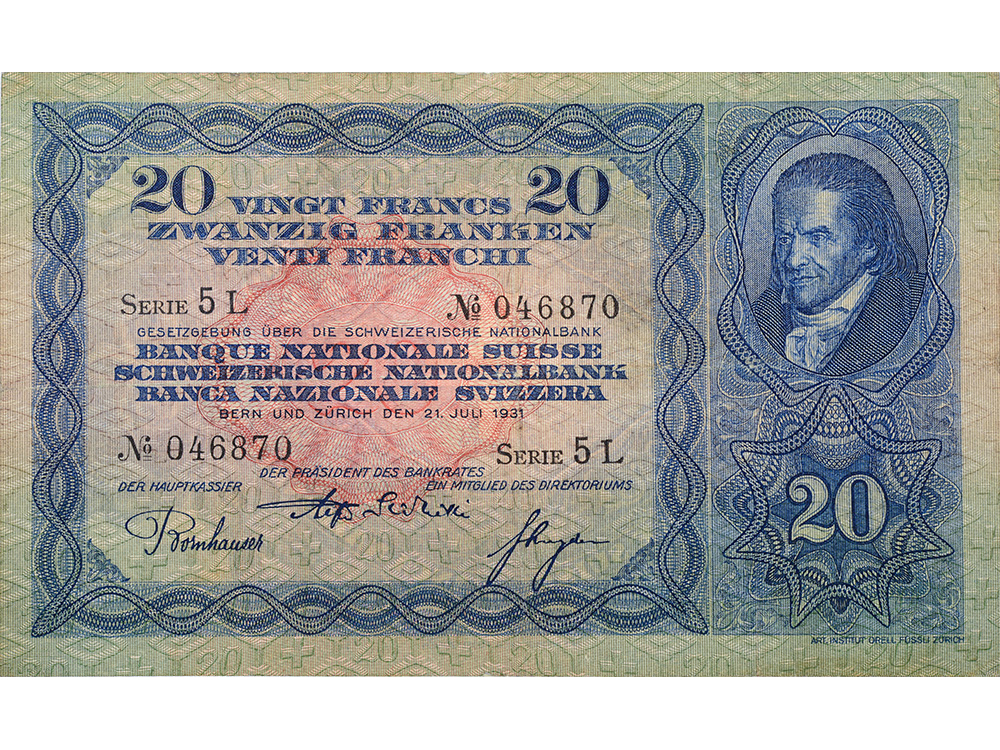 20 Franken, 1931, Heinrich Pestallozzi, wenig gebraucht - > 75%