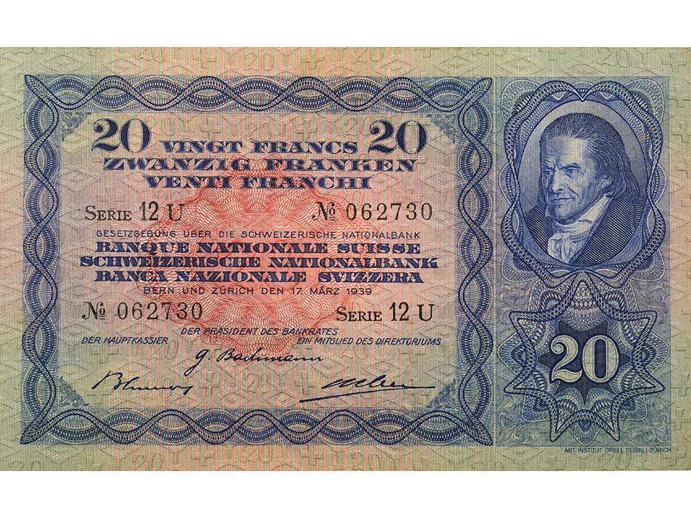 20 Franken, 1939, Heinrich Pestallozzi, wenig gebraucht - > 75%