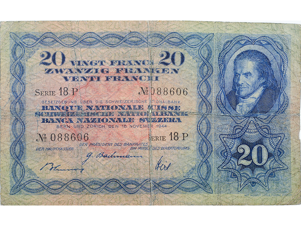 20 Franken, 1944, Heinrich Pestallozzi, gebraucht - > 50%