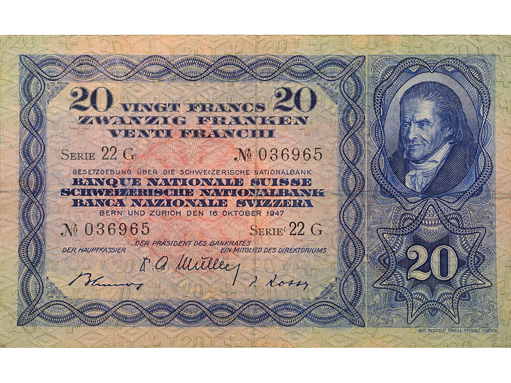 20 Franken, 1947, Heinrich Pestallozzi, gebraucht - > 50%