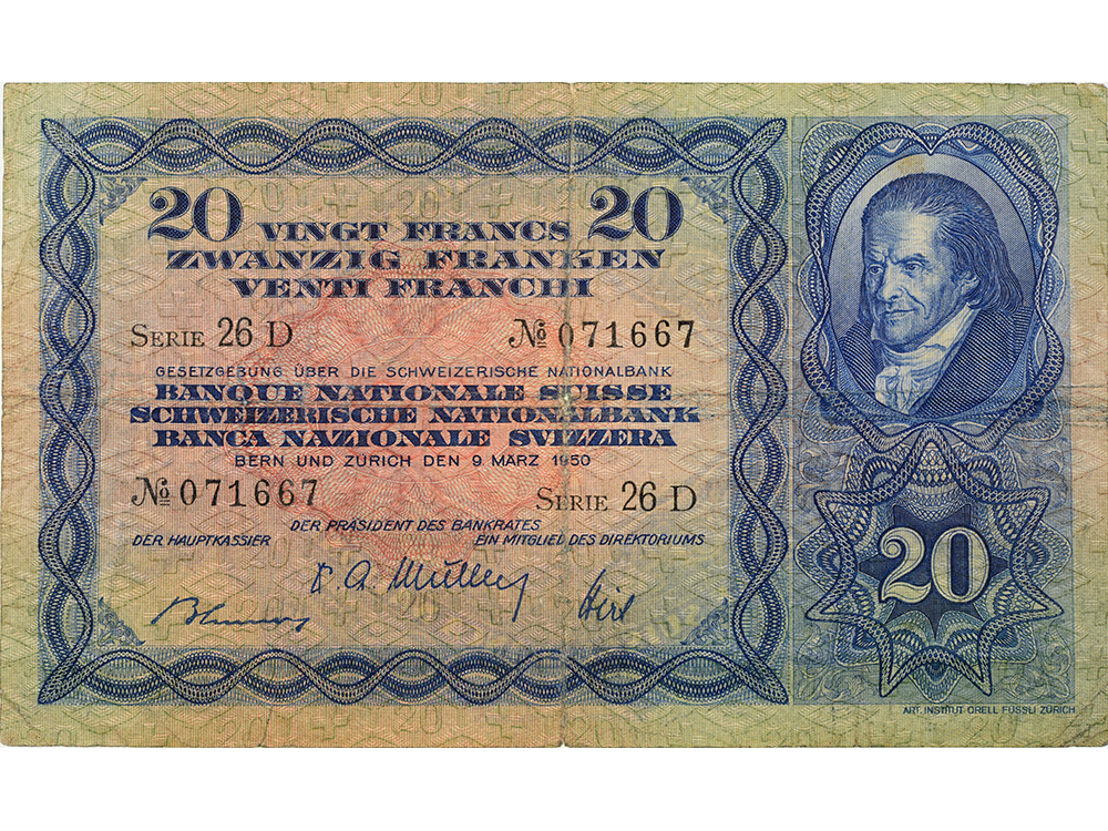 20 Franken, 1950, Heinrich Pestallozzi, gebraucht - > 50%