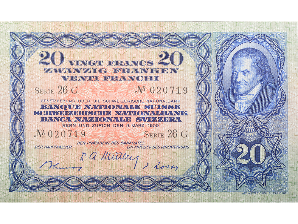 20 Franken, 1950, Heinrich Pestallozzi, ungebraucht, bankfrisch - 100%