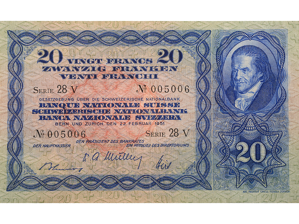 20 Franken, 1951, Heinrich Pestallozzi, wenig gebraucht - > 75%