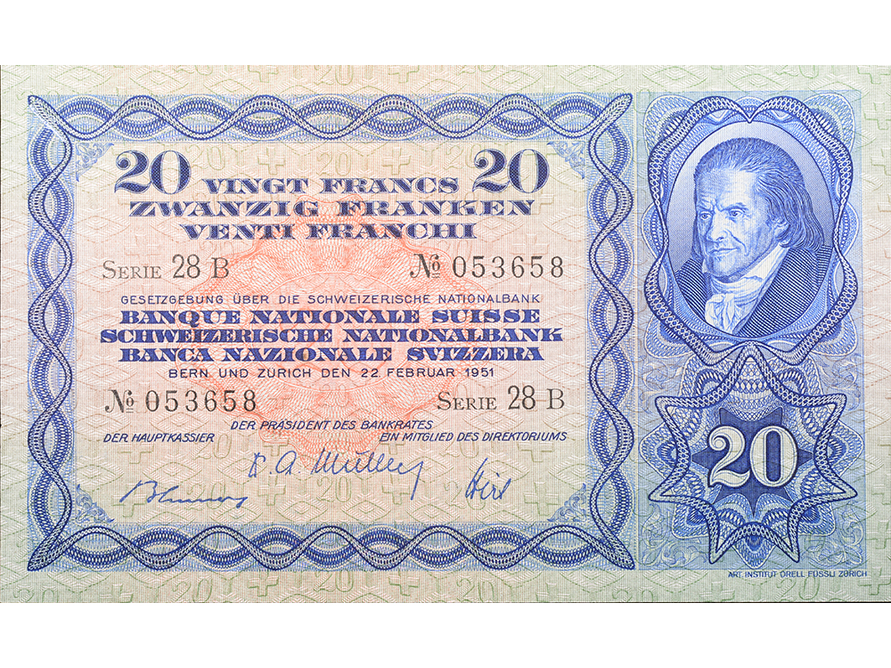20 Franken, 1951, Heinrich Pestallozzi, ungebraucht, bankfrisch - 100%
