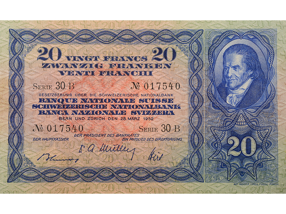 20 Franken, 1952, Heinrich Pestallozzi, gebraucht - > 50%