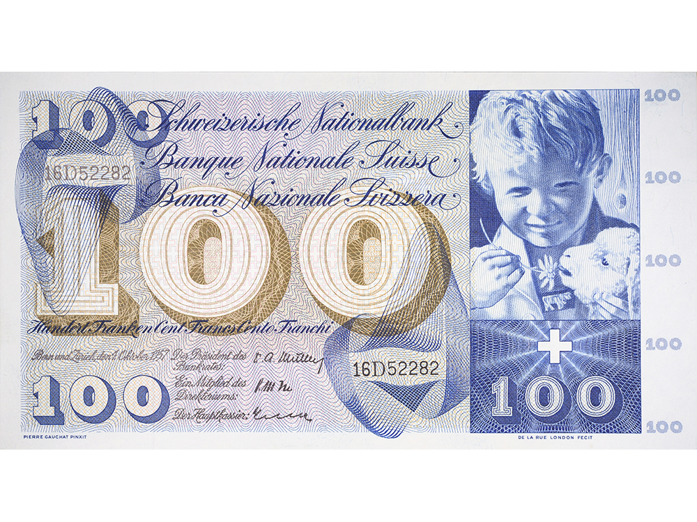 100 Franken, 1957, Sankt Martin, ungebraucht, bankfrisch - 100%